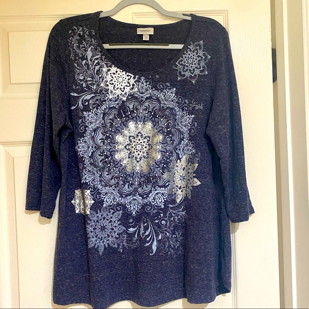 Mandala 3/4 length sleeves blue, white, and silver top